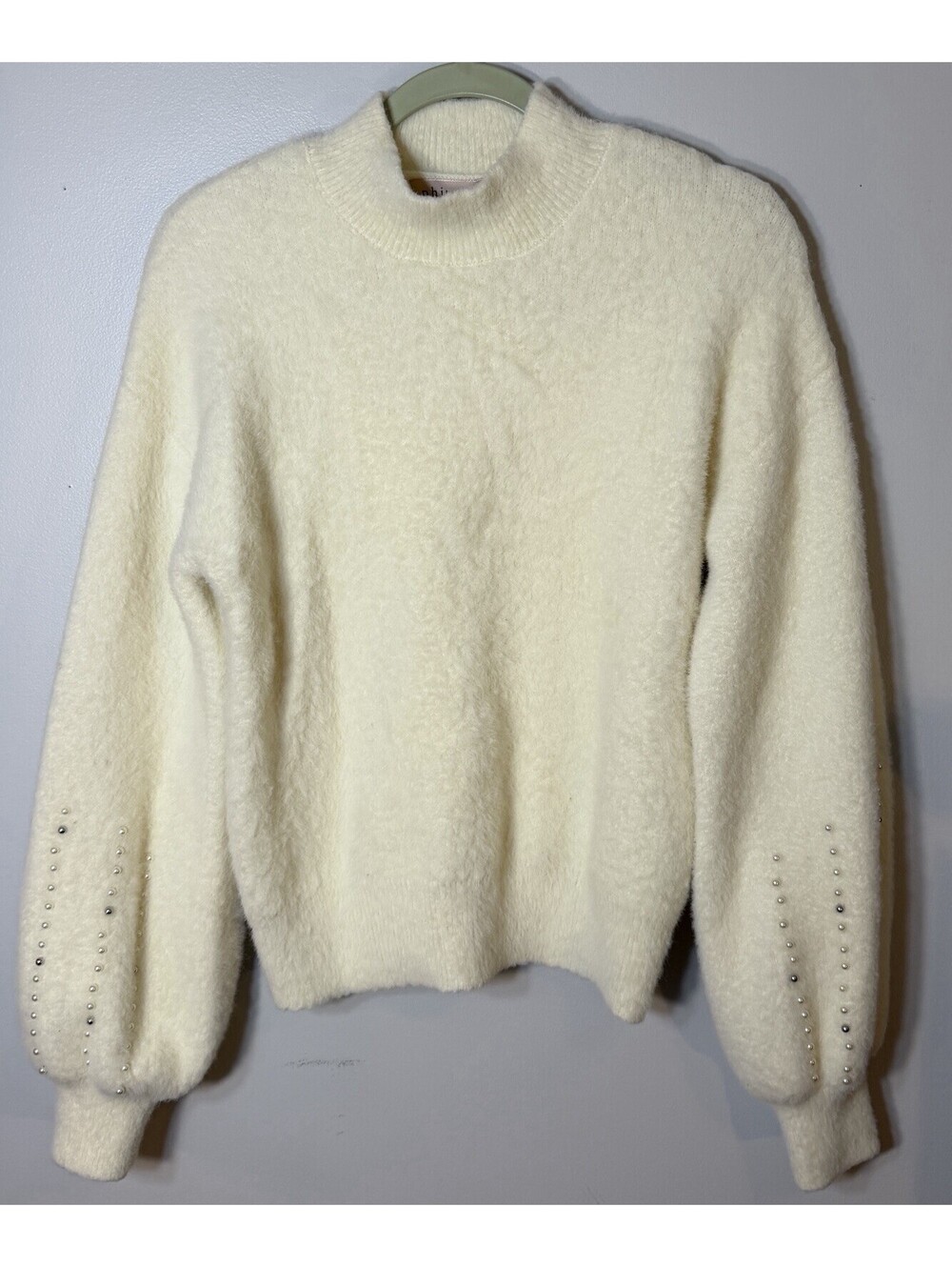 Philosophy Cream Fuzzy Mock Neck Sweater Medium EUC Pearl Stud Balloon Sleeve